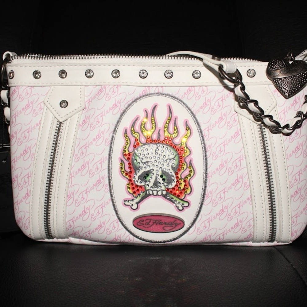 Ed Hardy White and Pink Skull Studded Shoulder Bag